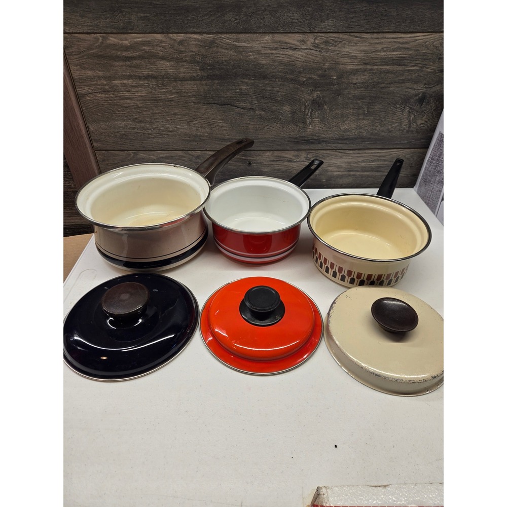 Vintage Enamel Saucepan Lot Lanko Japan Moneta Italy Retro Mid‎ Century Cookware